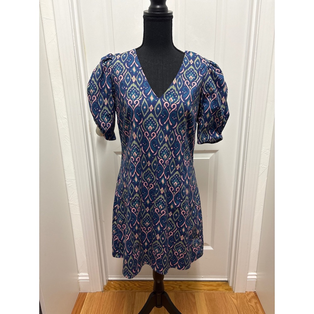 Venita Aspen x Sail to Sable Navy Pink Ikat Puff Sleeve V-Neck Mini Dress M